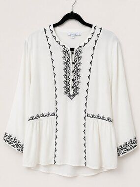 Embroidered Boho Peasant Blouse White Black Tunic Top | Chico's Size 1